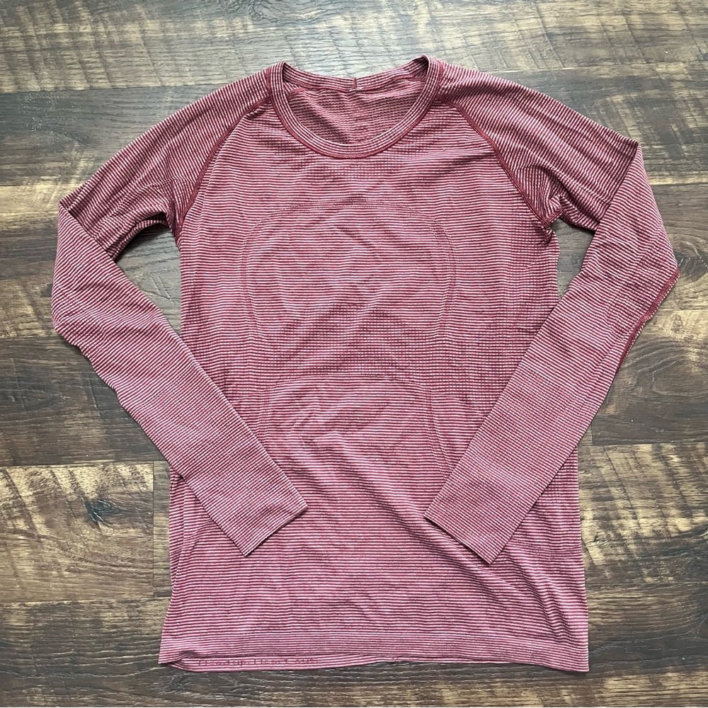 Lululemon Athletica red burgundy striped swiftly tech long sleeve shirt size 12